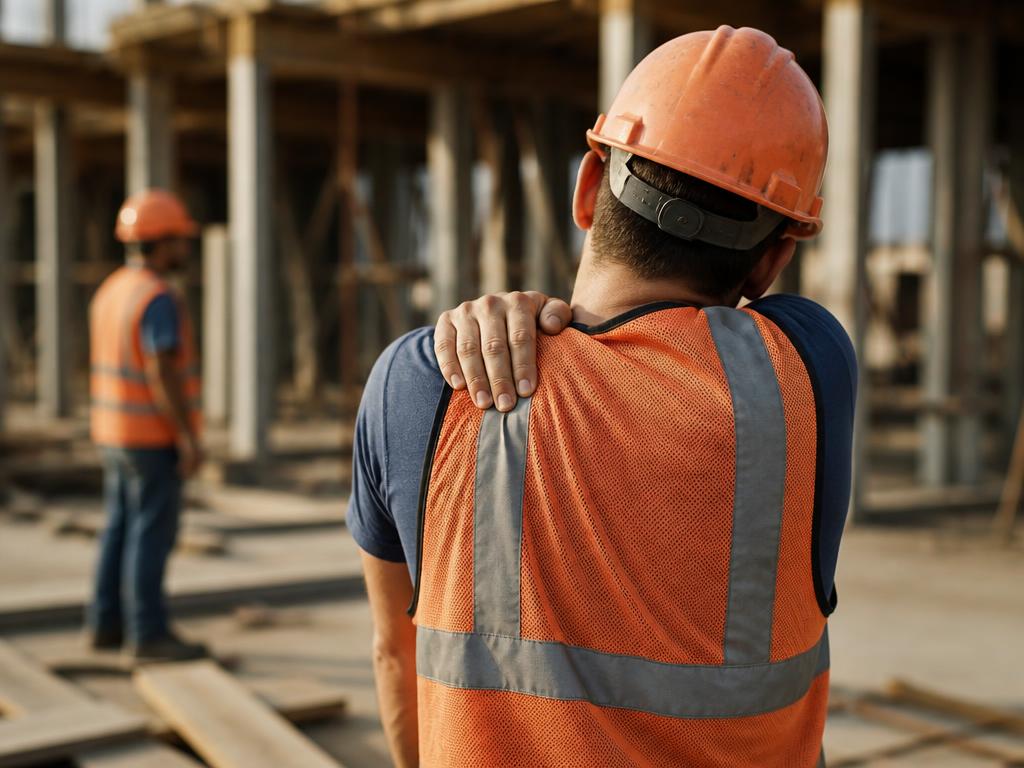 Trabalhador da construção civil com dor no ombro após acidente na obra