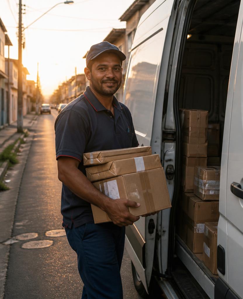 Entregador ao lado da van de entregas