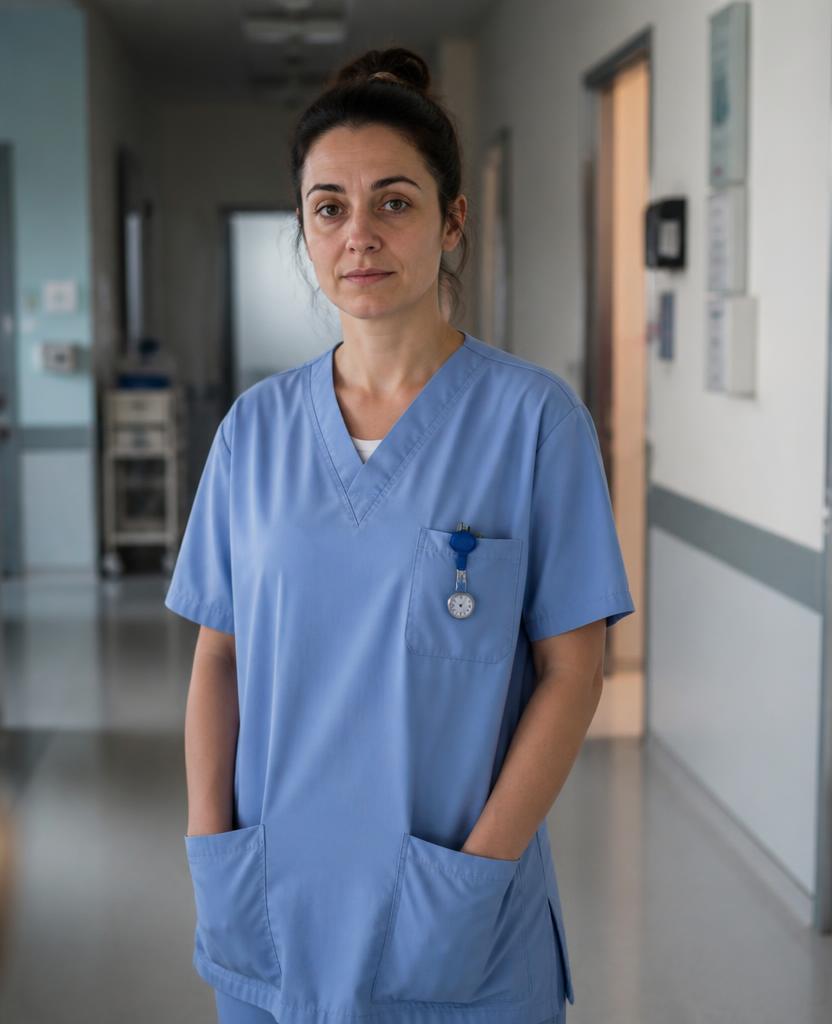 Profissional de enfermagem em corredor de hospital